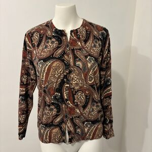 Croft and Barrow size Medium 100% Cotton Brown Neutral Paisley Print Cardigan